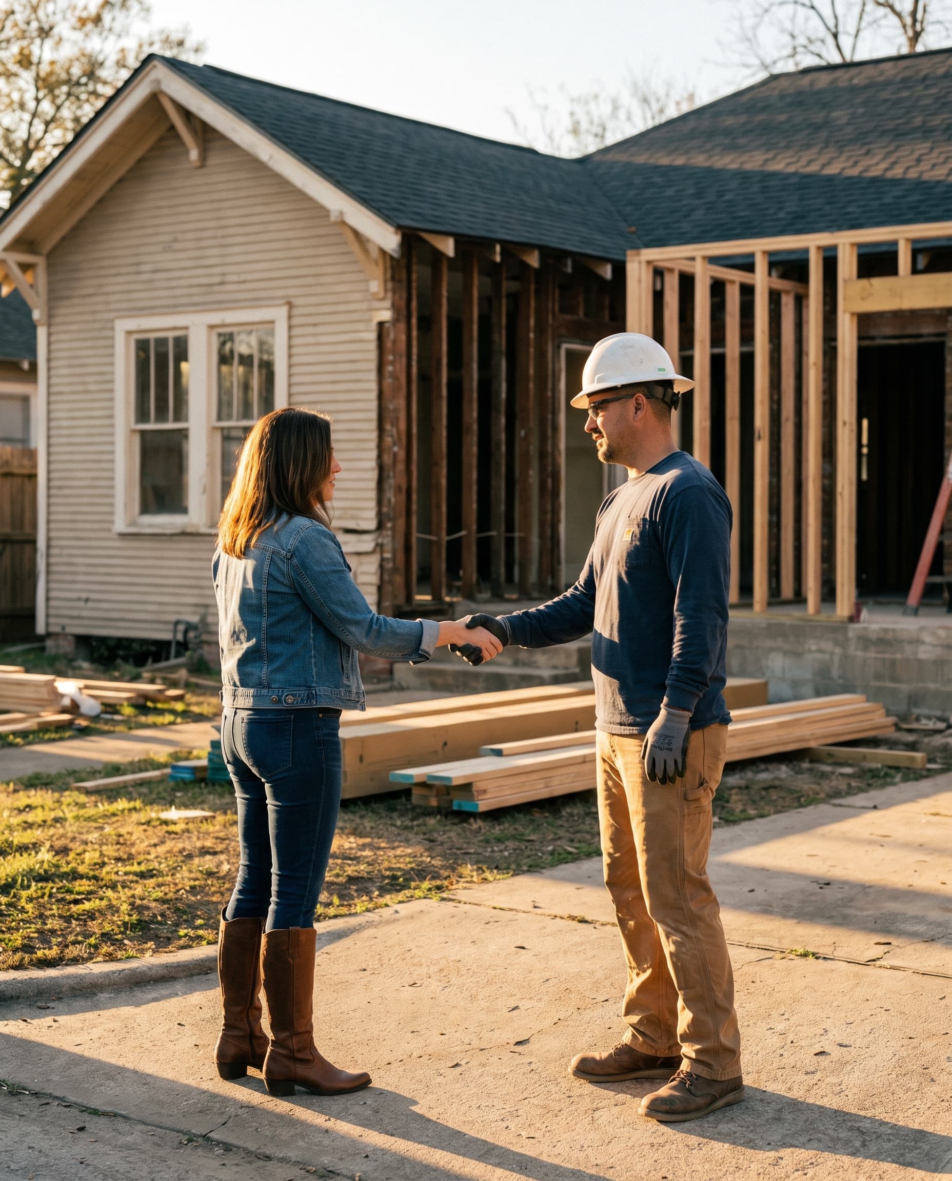 A property owner and a general contractor reviewing blueprints together on a construction site