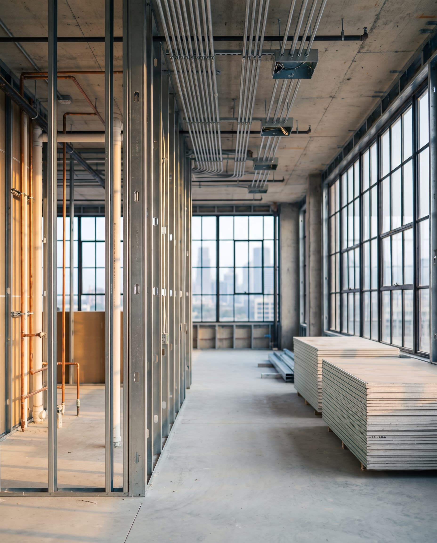 Interior of a commercial space mid-construction showing electrical, plumbing, and drywall framing trades at once