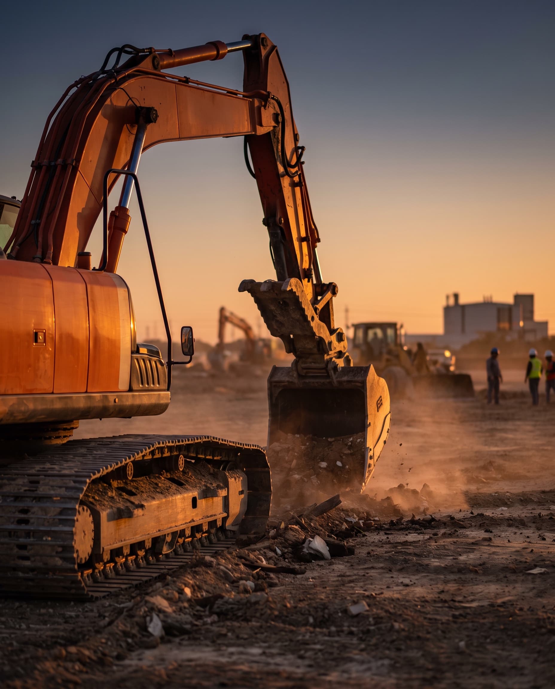 Heavy earthwork equipment grading a raw commercial site at dusk