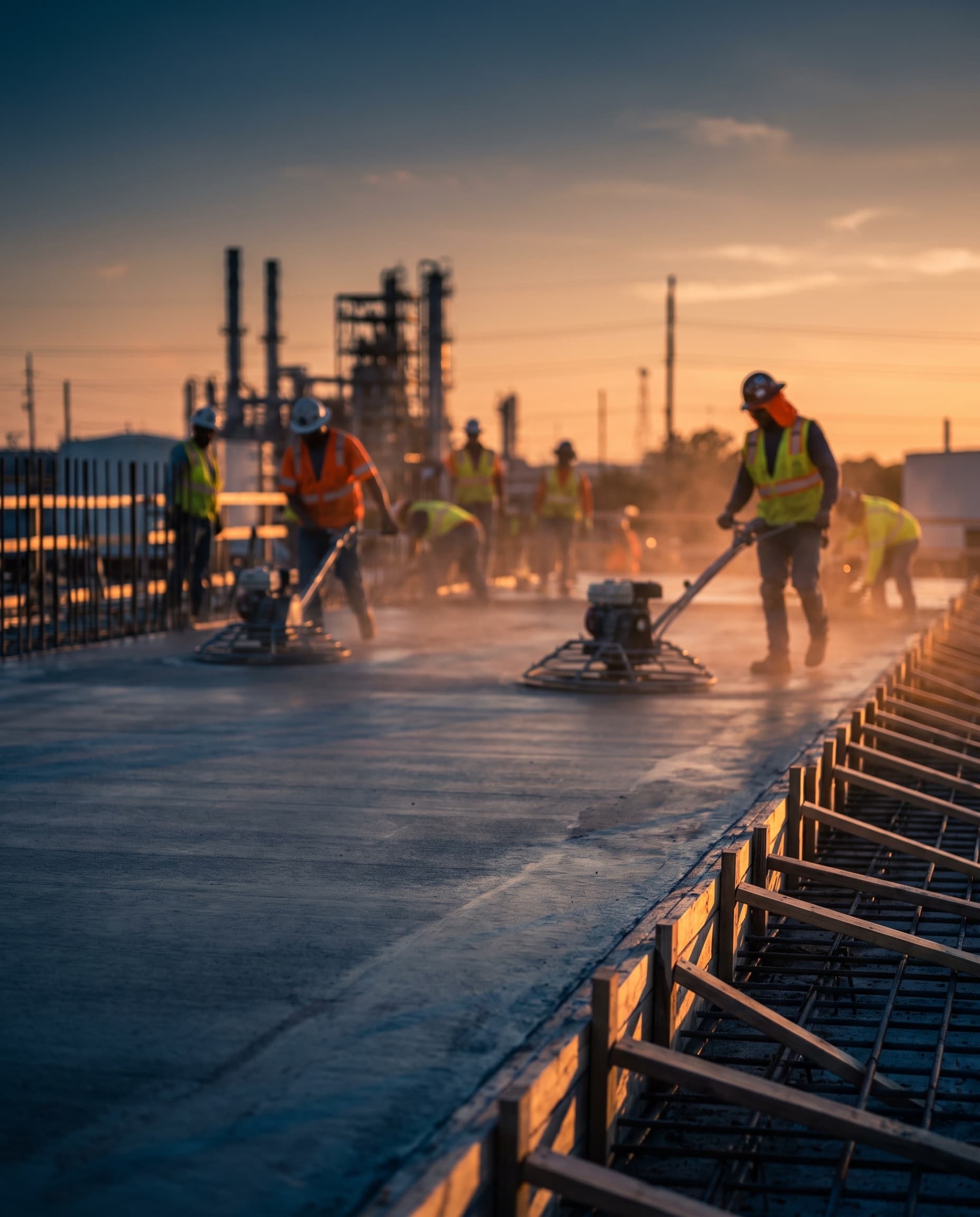 A concrete finishing crew troweling a freshly poured commercial slab at golden hour
