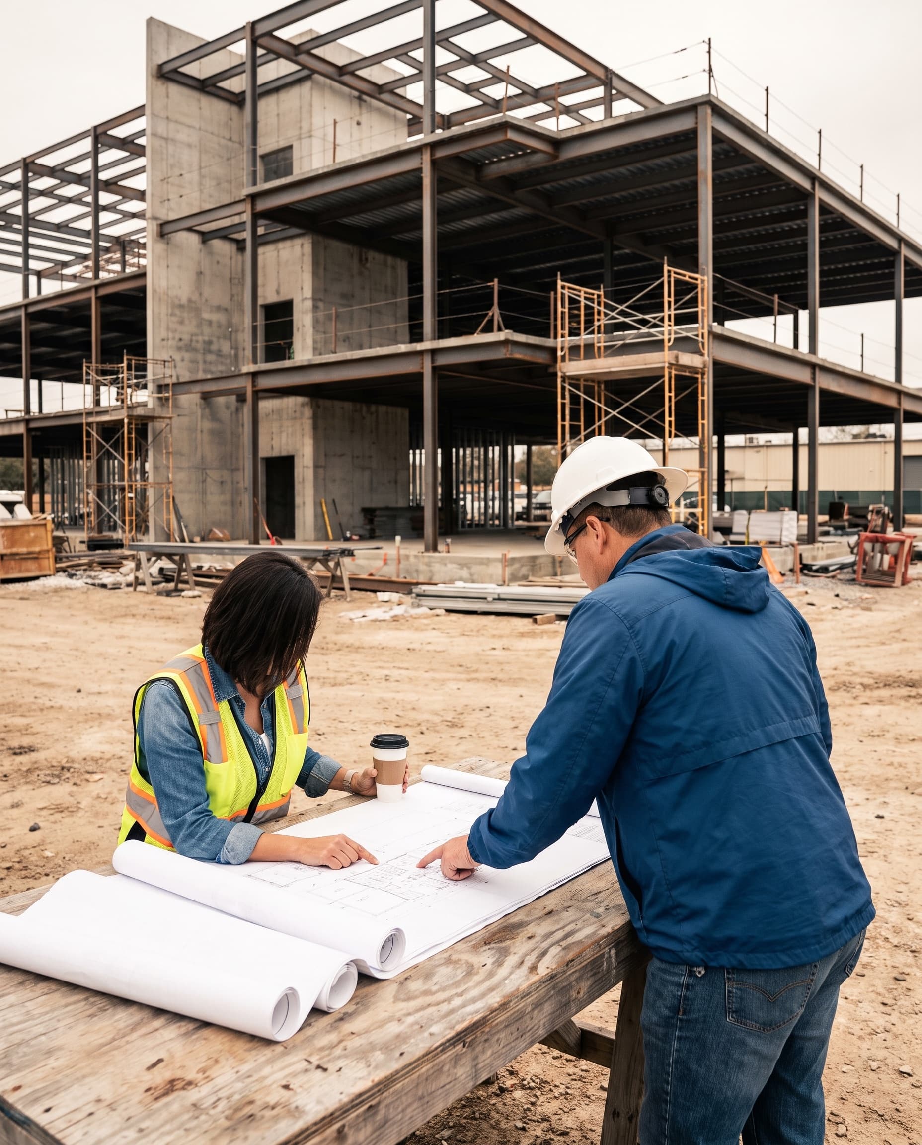 An architect and a general contractor reviewing blueprints together at a Houston construction site