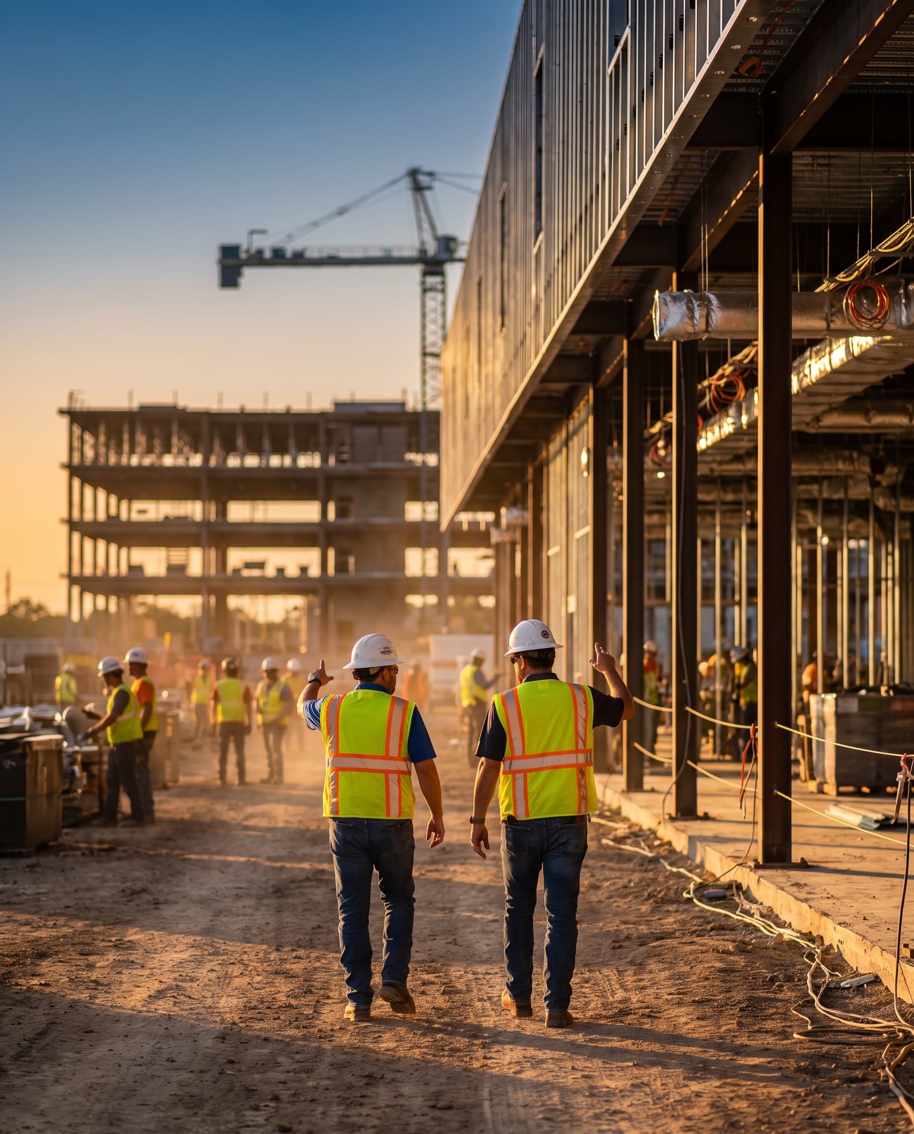 A general contractor and site superintendent walking a Houston commercial construction site at golden hour