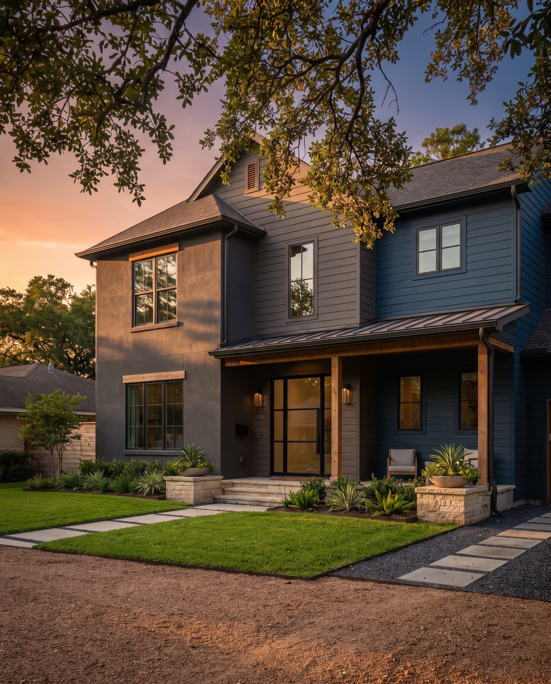Exterior of a beautifully renovated single-family home in Houston, Texas at golden hour