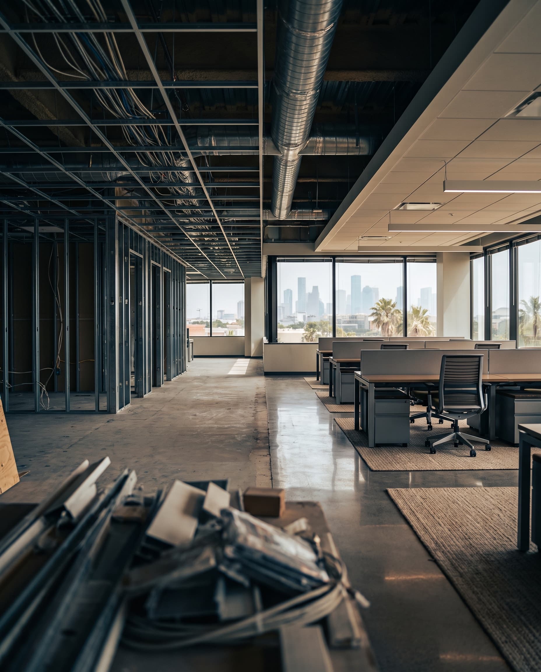 A commercial office space mid-buildout, exposed ceiling grid transitioning into a finished open-plan office